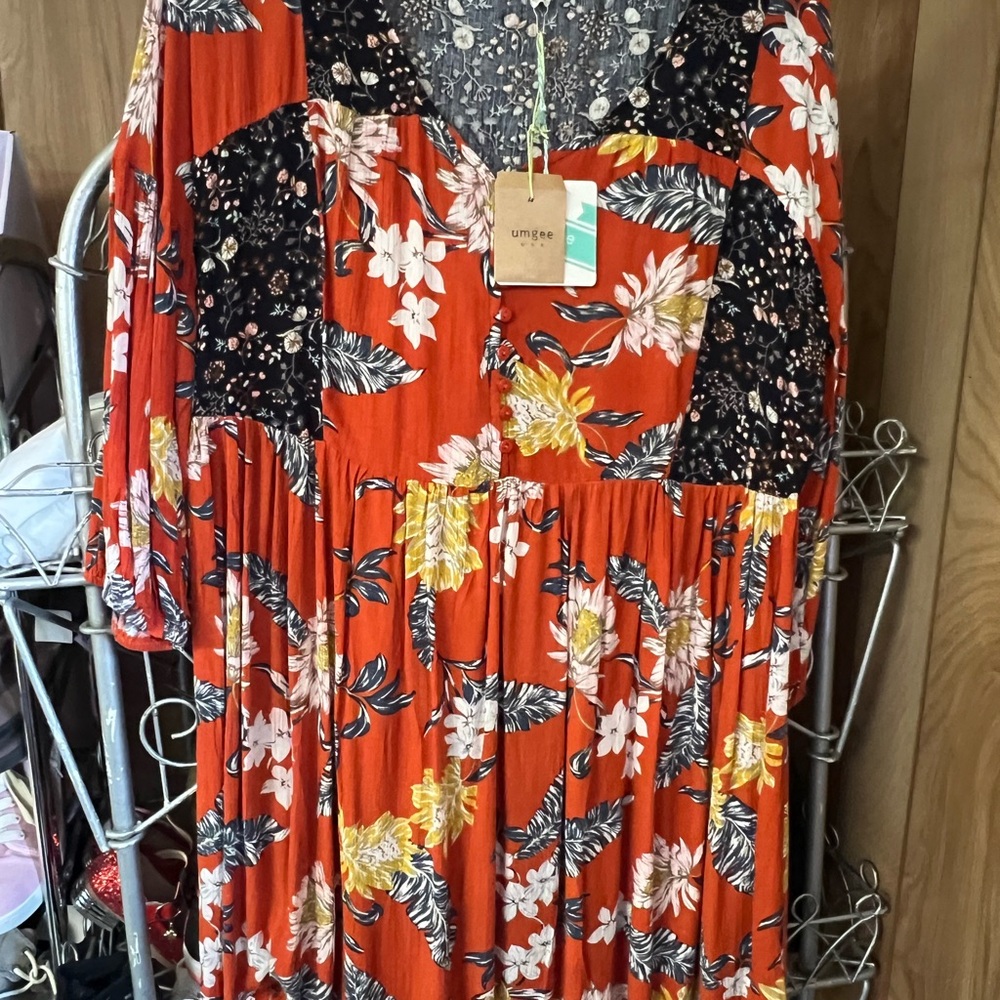 Umgee Red Floral Dress with Black and White Details